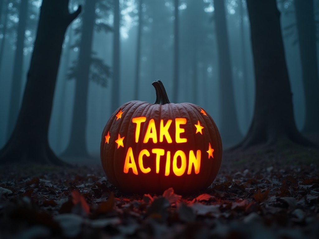 A carved pumpkin sits in a dark and misty forest. The pumpkin is brightly lit from within and features the words 'TAKE ACTION' carved into it. Surrounding the text are small star shapes that add to the festive atmosphere. The forest is filled with tall trees that loom in the background, shrouded in fog. Leaves cover the ground, contributing to the autumn ambiance. This scene evokes a sense of encouragement and urgency, perfect for a seasonal campaign.