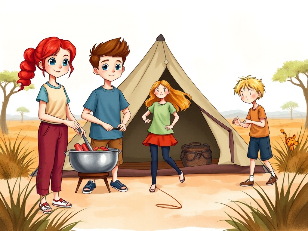 The image depicts an animated scene of four children enjoying a camping trip in the wild. Two kids are preparing a meal by a large cooking pot, while another jumps rope near a tent. The background shows a sparse landscape with a few trees, creating a serene and adventurous ambiance. The children appear engaged and happy, embodying the spirit of outdoor exploration.