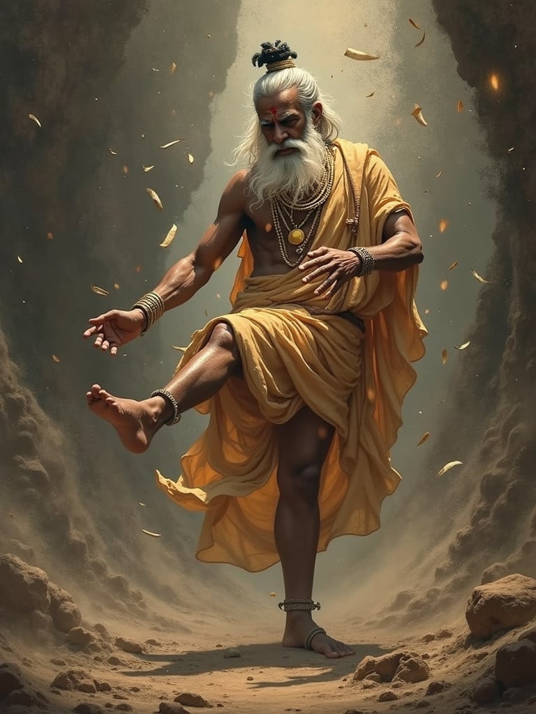 A sage kicking with his foot in an action pose. He wears a flowing golden robe. The setting is an ethereal space with mystical lighting. The figure is adorned with jewelry, illustrating wisdom and power. The scene conveys movement and spiritual significance.