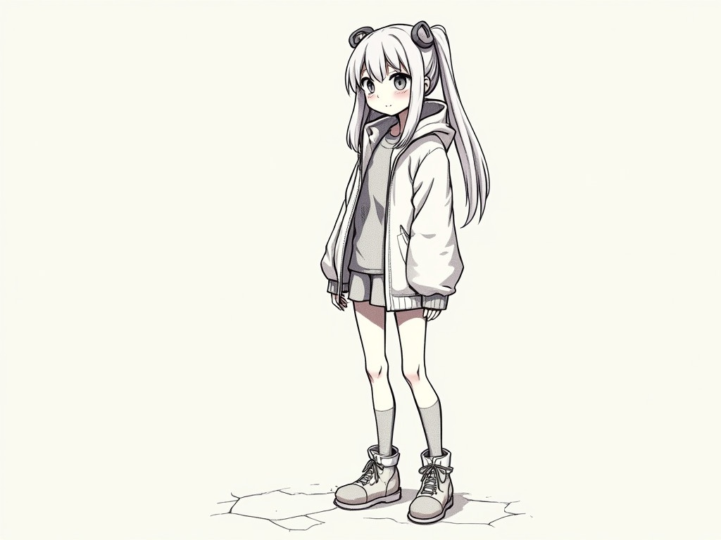 Anime character named Sayu from Hagihiro wearing a hoodie and shorts. The character has long white hair and is standing in a neutral pose. The background is plain and simple.