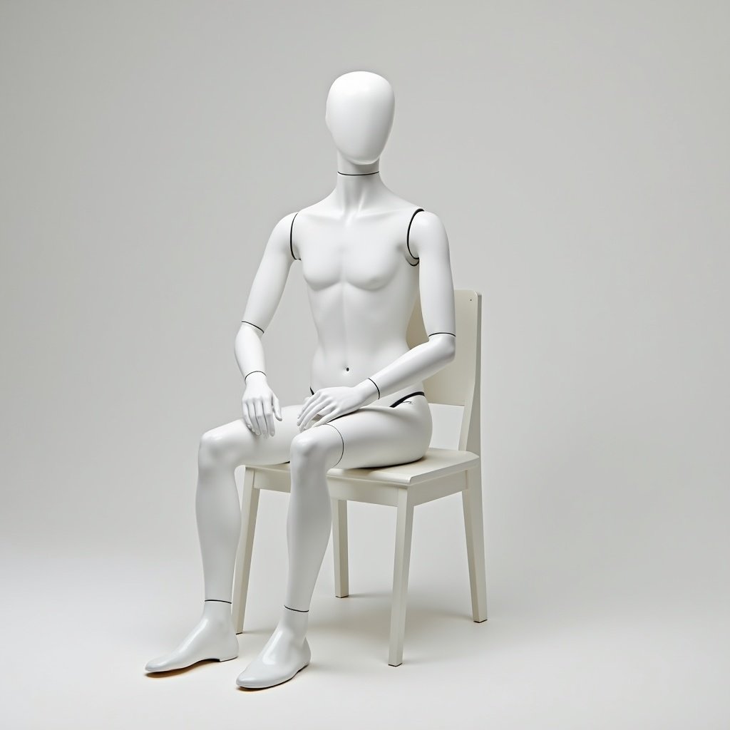 Faceless mannequin seated on a white chair. Overall shades of white.