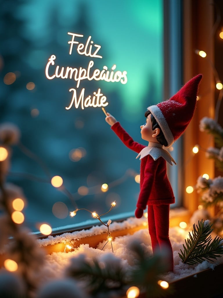 A delicate pine branch stands adorned with shimmering lights. An enchanting Elf on the Shelf writes 'Feliz Cumpleaños Maite' with an illuminated wand. The elf wears red and white attire while gazing at the northern lights. The scene is set against snow-covered trees and softly glowing fairy lights. Captures the essence of the holiday season.