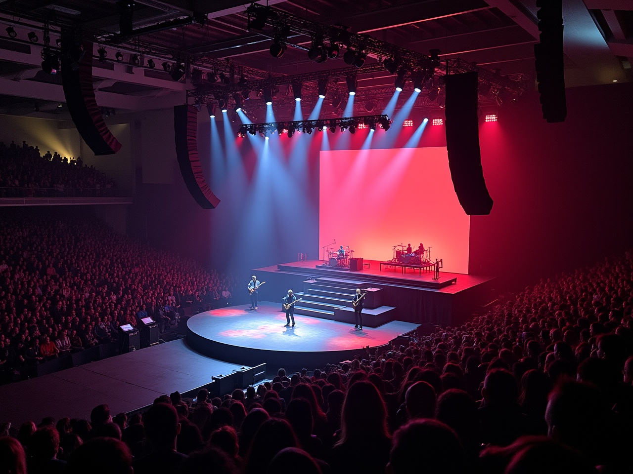 The image captures a live concert performance featuring Roddy Rich on stage at Madison Square Garden. The venue is packed with an audience, creating a lively atmosphere. The stage includes a T-stage runway, which emphasizes the performers. Dramatic lighting enhances the scene, with red and blue lights illuminating the performers and the surrounding area. The aerial perspective from a drone provides a unique view of the entire setup, showcasing the excitement and energy of the event.