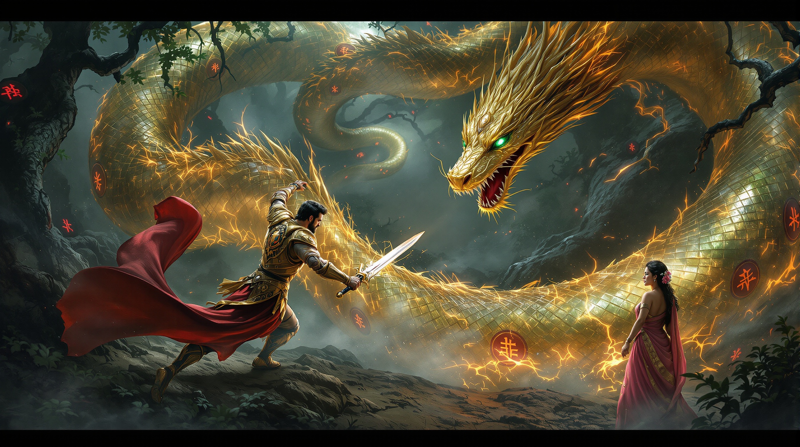 Intense battle scene in a mythical jungle. King Rudrasen fights the Guardian Serpent. King wears golden armor with a lion emblem. The serpent has golden scales and emerald-green eyes. Queen Mriganjali watches with a worried expression. Jungle with black trees and glowing red symbols.