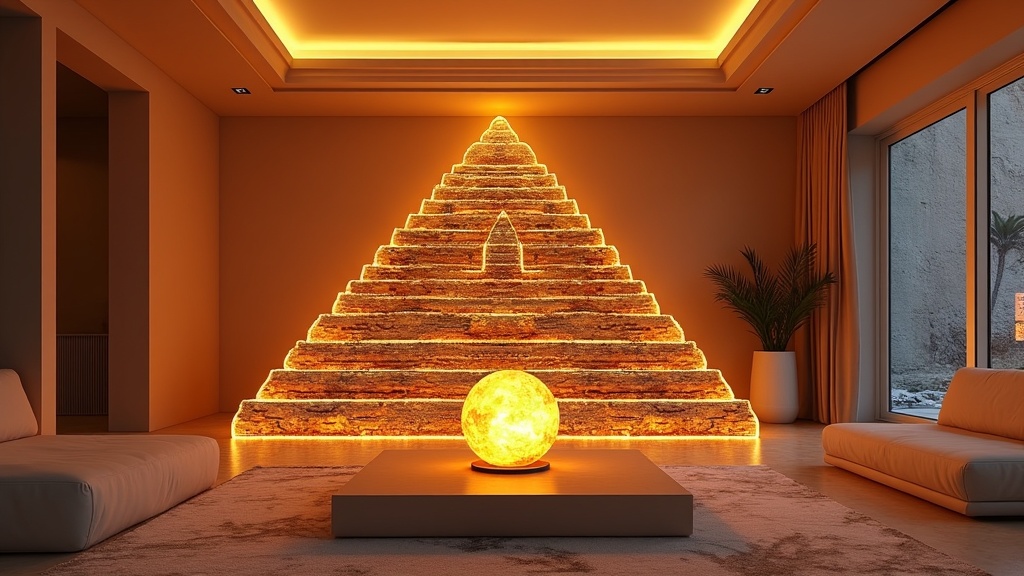 A luxurious modern living room with a large illuminated pyramid structure in the background, emitting a warm glow. In the foreground, a glowing spherical lamp on a table, surrounded by minimalist furniture. Natural light from large windows.