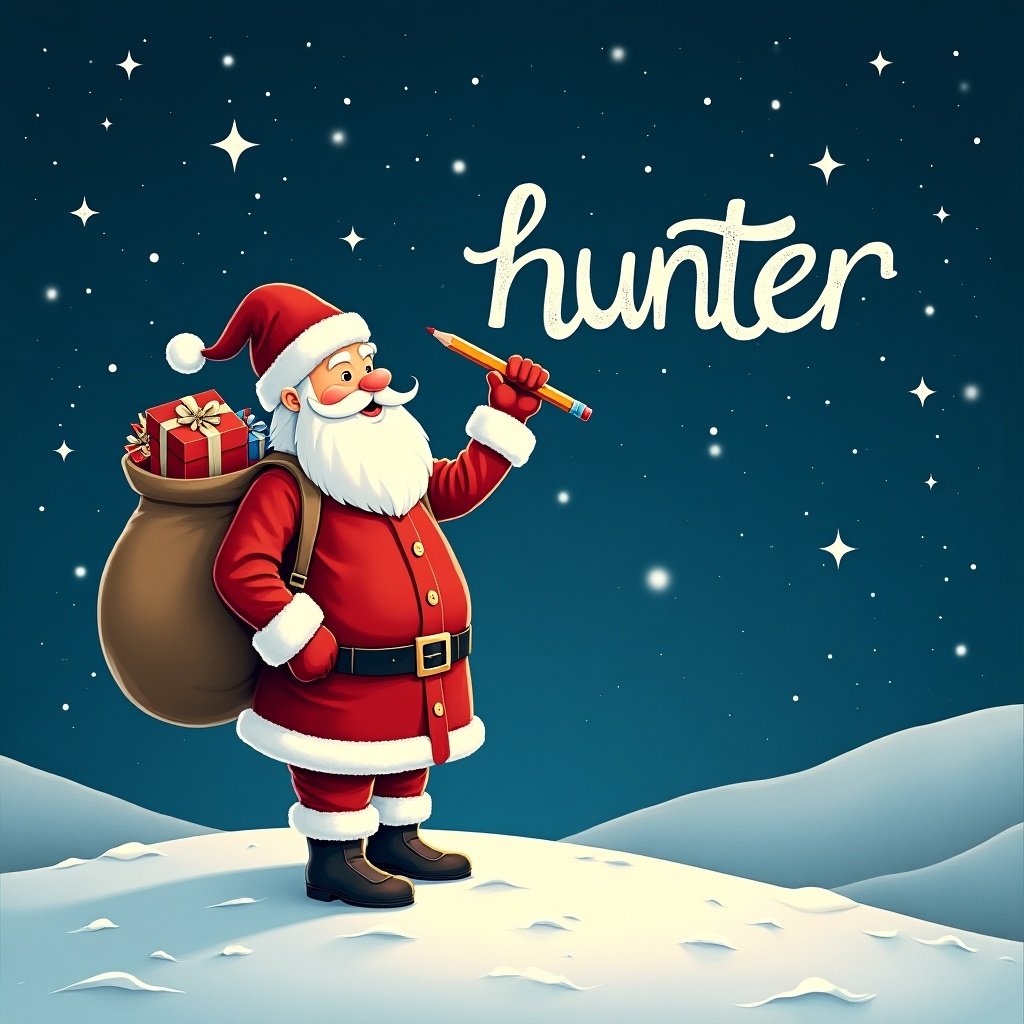 Santa Claus stands on a snowy hill at night. He writes names in the sky. He wears a red and white outfit. A large sack of gifts rests on his back. The name 'hunter' appears in whimsical font.