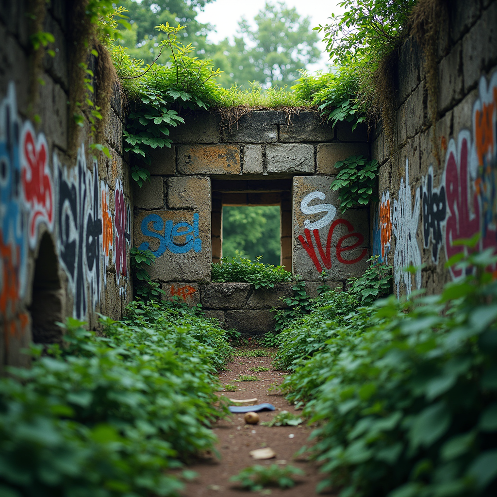 A narrow, overgrown walkway with graffiti-covered stone walls leads to a rectangular opening, surrounded by lush greenery and foliage.