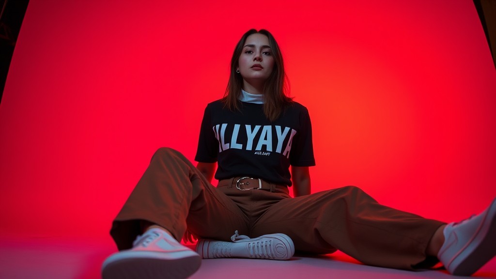 A person poses confidently against a vibrant red backdrop, wearing casual attire with white sneakers.