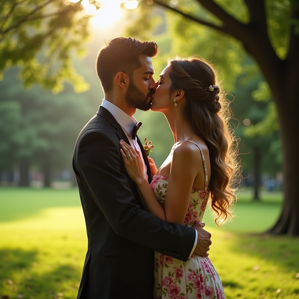 Couple sharing a romantic kiss in a lush green park under soft daylight.