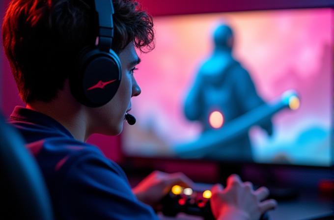 A focused gamer wearing headphones plays on a brightly lit screen with a headset on.