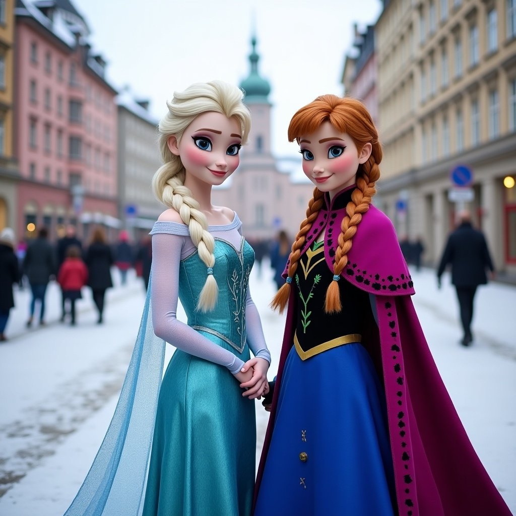 Elsa and Anna inspired characters in Oslo. Dressed in a blend of Frozen movie clothes and Serbian traditional attire. Snowy street atmosphere.