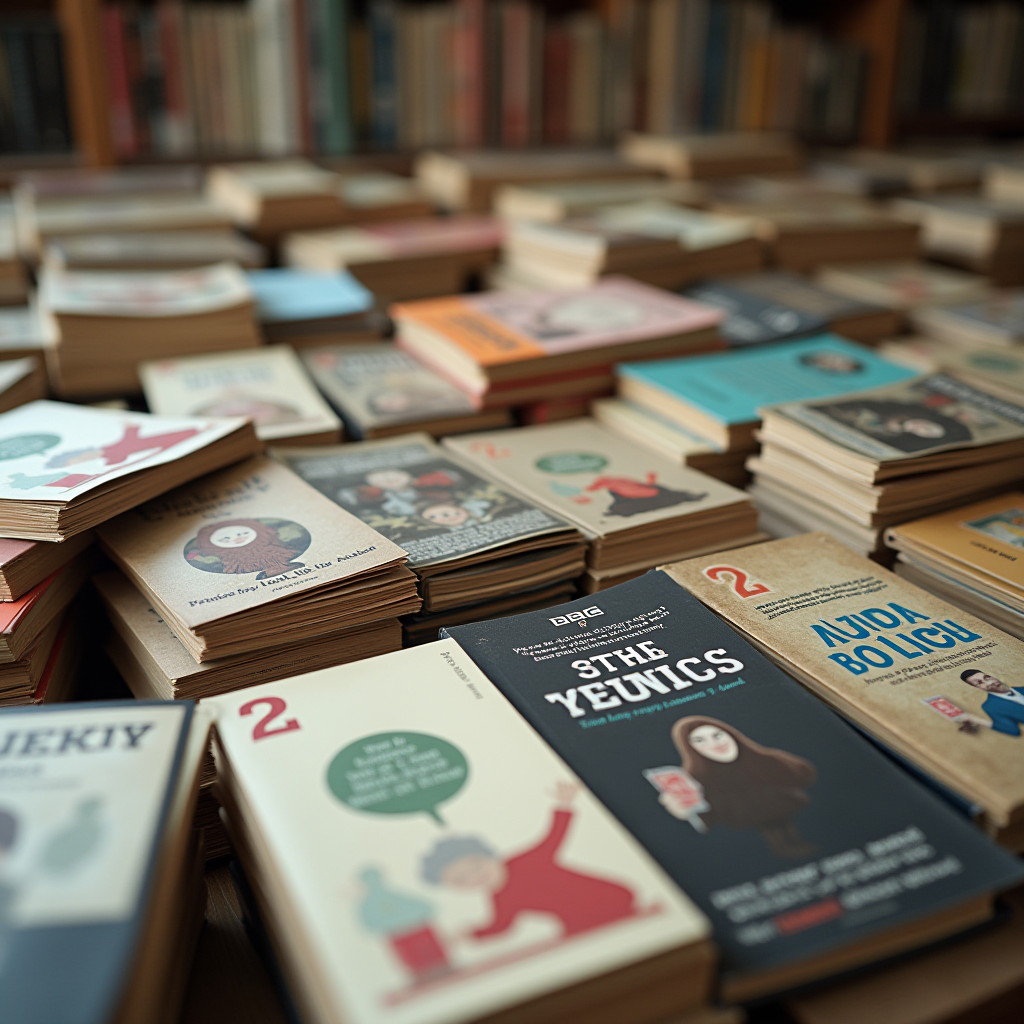 Stacks of vintage books with colorful, artistic covers on a table.