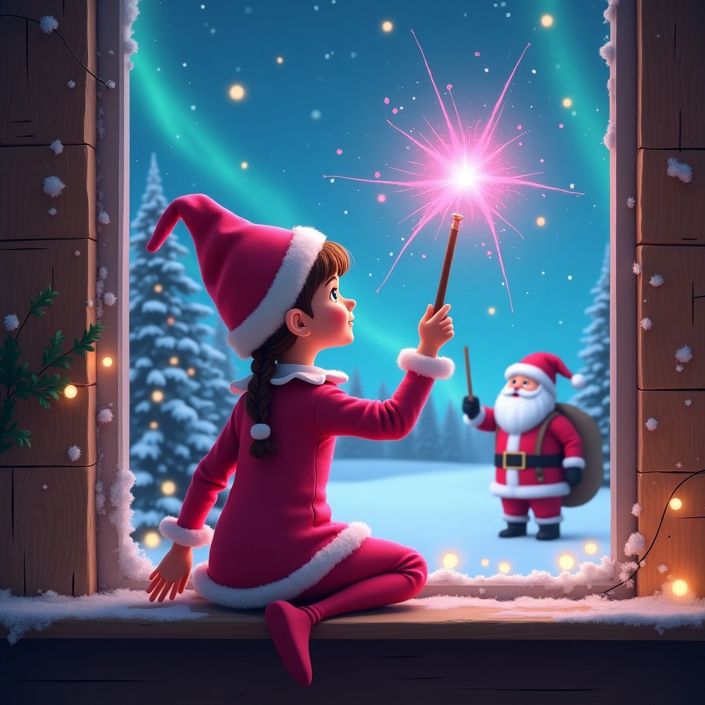 In a magical Christmas setting, a young girl elf in a pink outfit stands with her back to the viewer, holding a sparkling wand high. She is writing the name 'Embrie' in the night sky filled with northern lights. The scene is framed by a window decorated with snow, showcasing a snowy landscape outside. In the background, Santa Claus can be seen, creating a whimsical holiday atmosphere. The overall feel is enchanting and festive, perfect for holiday-themed content.