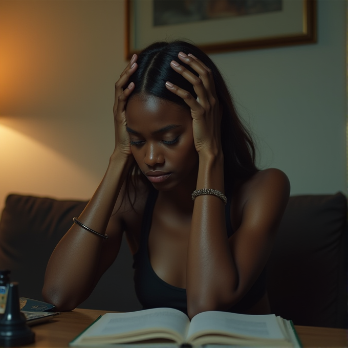 A woman sits at a table with her head in her hands, deeply focused on an open book in a dimly lit room.