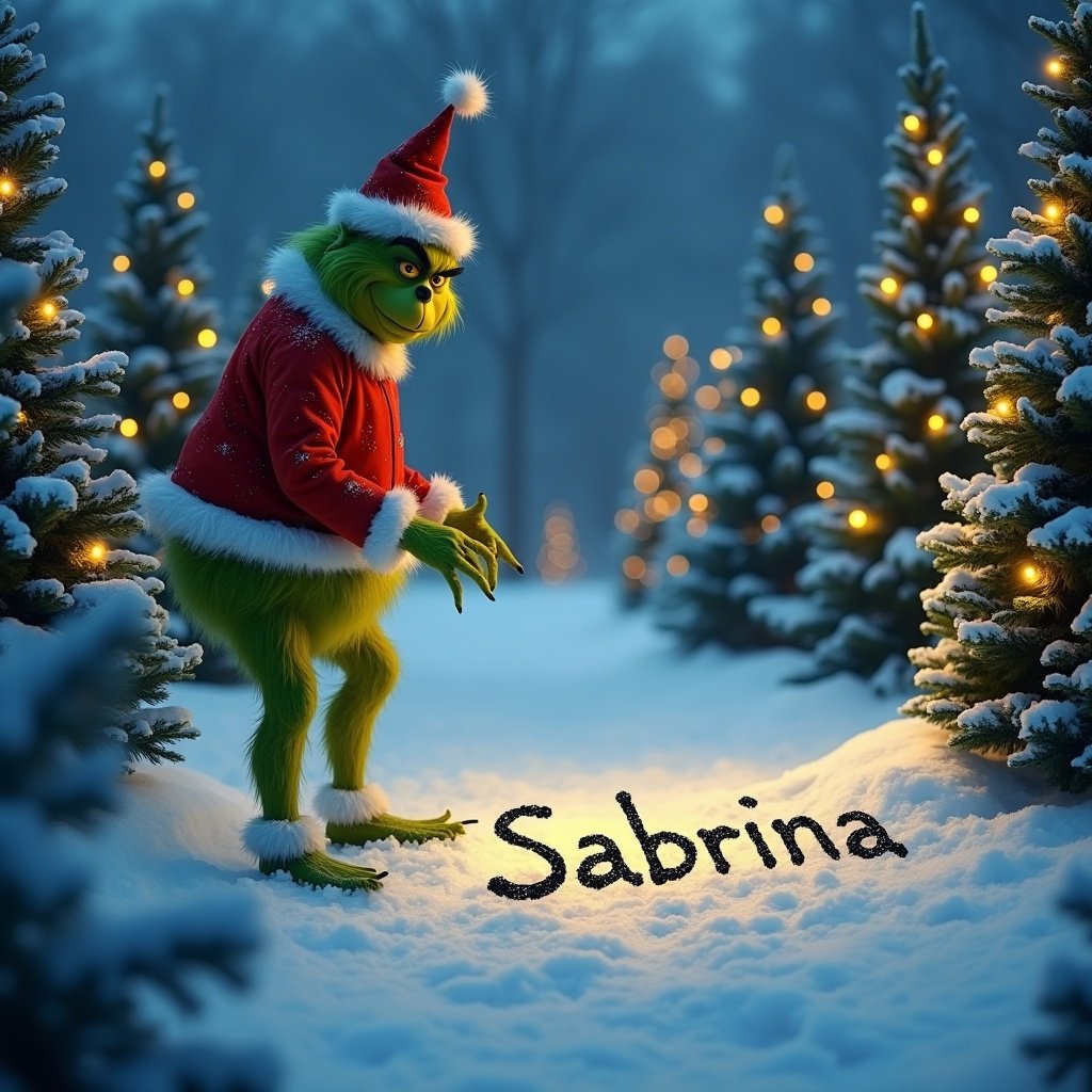 The Grinch is outside in the snow. Christmas trees surround him. The Grinch is wearing a red Santa hat and coat. He is writing the name Sabrina in the snow.