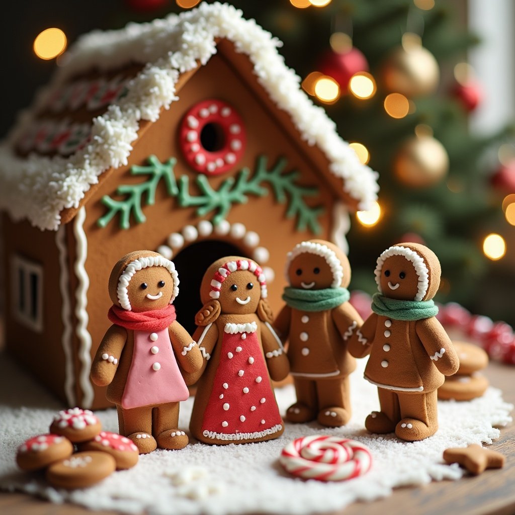 Display of a cute gingerbread family with a gingerbread house. Gingerbread figures have playful expressions. Background features a decorated holiday tree with lights. Seasonal decorations include candy and frosting details.