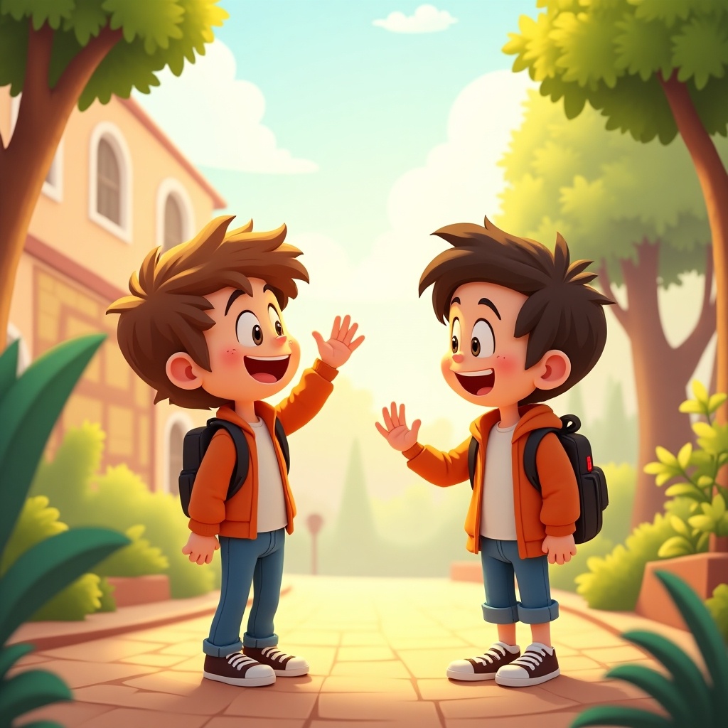 The image depicts two cartoon boys joyfully greeting each other on a sunny day. They are both wearing matching orange jackets and backpacks, standing in a lively outdoor setting. The background features soft greenery and bright buildings, emphasizing a warm and friendly atmosphere. Their expressions are cheerful, showcasing excitement and friendship. This scene captures the essence of childhood camaraderie and outdoor fun in a vibrant, animated style.