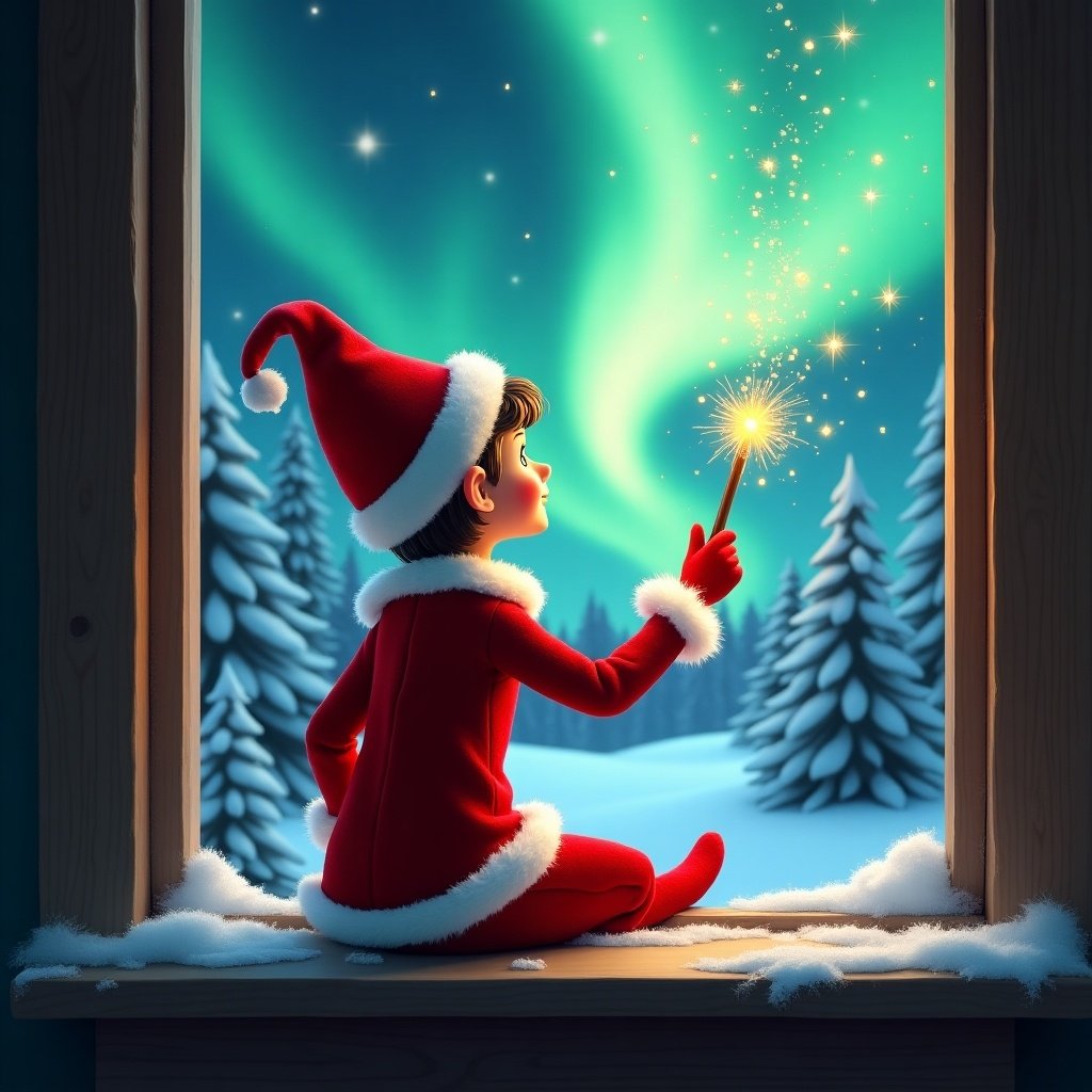 An adorable elf on the shelf sits on a window ledge. The elf creates twinkling sparks with a magical wand. The elf looks up at northern lights. The background shows snow-covered pine trees in a winter wonderland. The elf wears a vibrant red outfit with white trim. The scene is festive and magical.