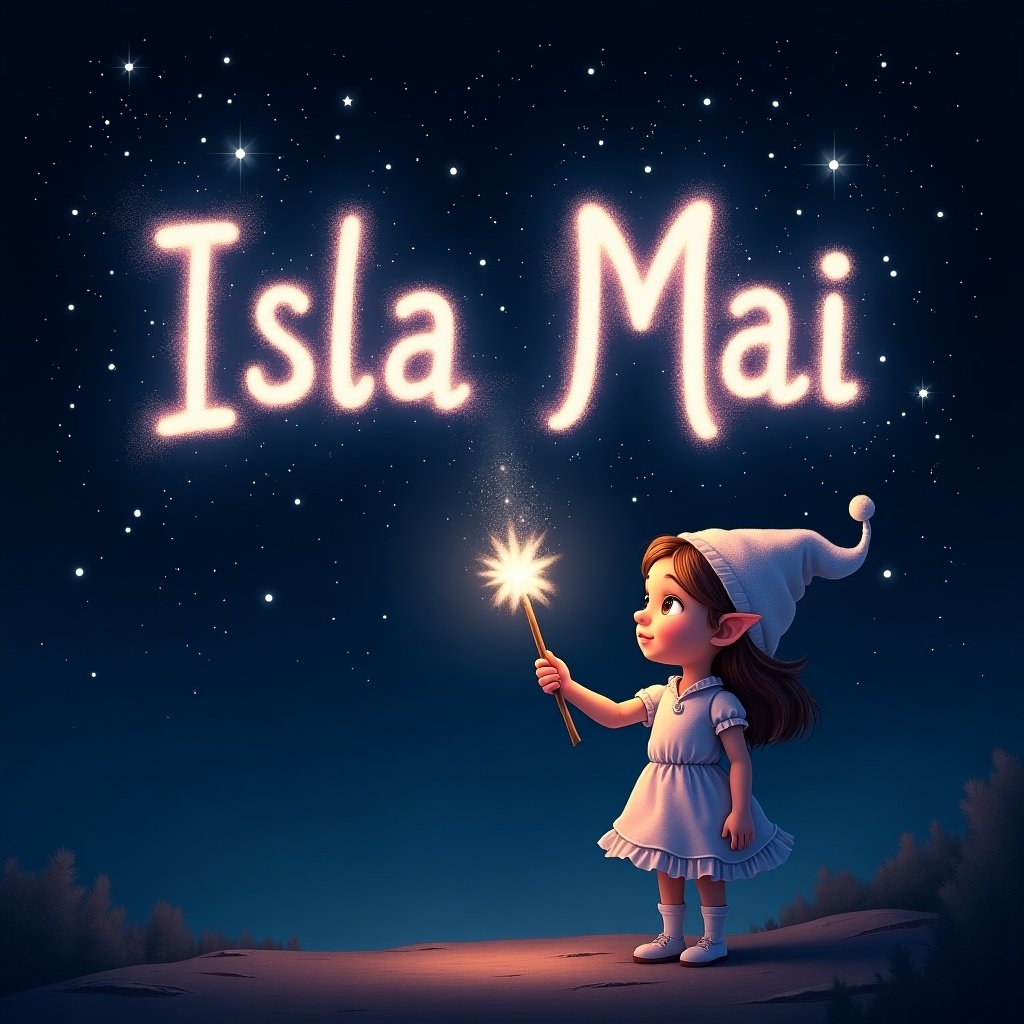 A girl elf with a magic wand writes the name 'Isla Mai' in sparkling letters in a dark starry sky. Background is dark, highlighting white and light pink letters. Scene evokes magic and wonder of a fairy tale.