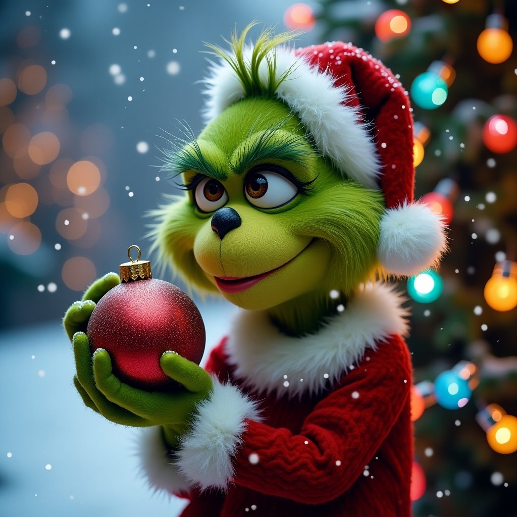 Grinch character wearing Santa hat holds Christmas bauble. Snow falls in background. Bright Christmas lights glow around.