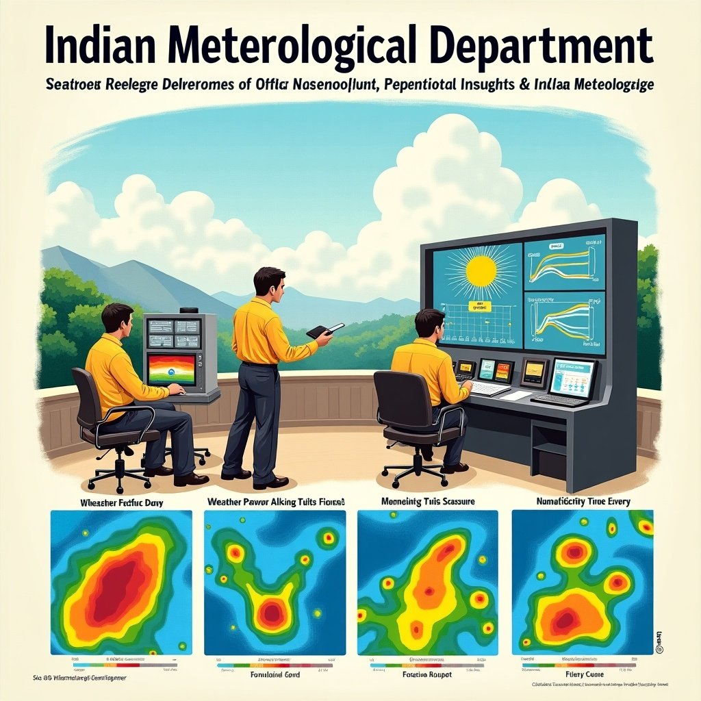 Illustration depicts the Indian Meteorological Department. Two individuals are analyzing weather data on computer screens. Charts and graphs represent weather trends. Vibrant colors create a modern atmosphere. Background shows mountainous landscape.