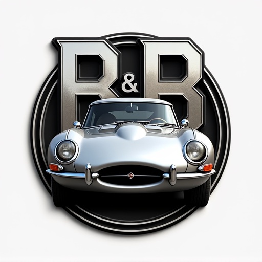 A modern logo design for B&B Automobiles with a silver Jaguar E-Type front view. Two mirrored B letters in the background. Logo features black and chrome letters. Headlights of the car are illuminated.