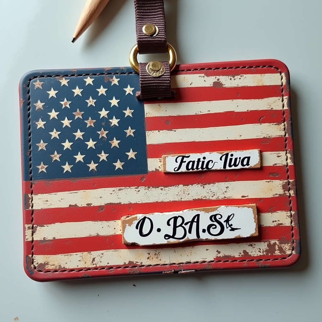 Novelty ID features American flag theme with fictional names and details. Worn texture adds vintage appearance. Perfect for themed events and decorations.