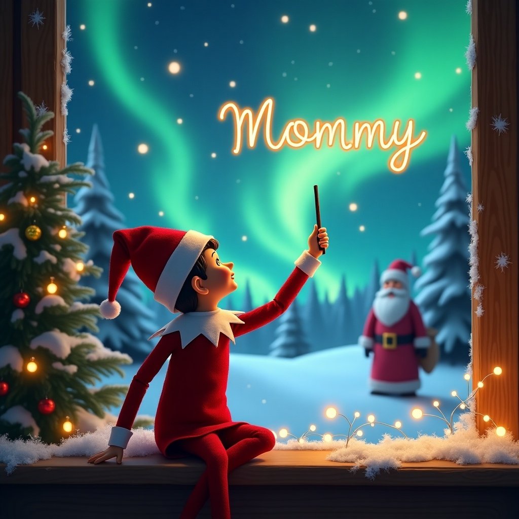 An enchanting scene featuring an elf on a shelf with his back to the viewer. He is gazing up at the sky, using a wand to write the word 'Mommy' in shimmering light. The background showcases a magical Christmas setting with northern lights illuminating the night sky. In the distance, Santa Claus can be seen, adding to the festive atmosphere. The elf is dressed in traditional red and white, surrounded by a cozy holiday ambiance with a Christmas tree adorned with lights and ornaments.