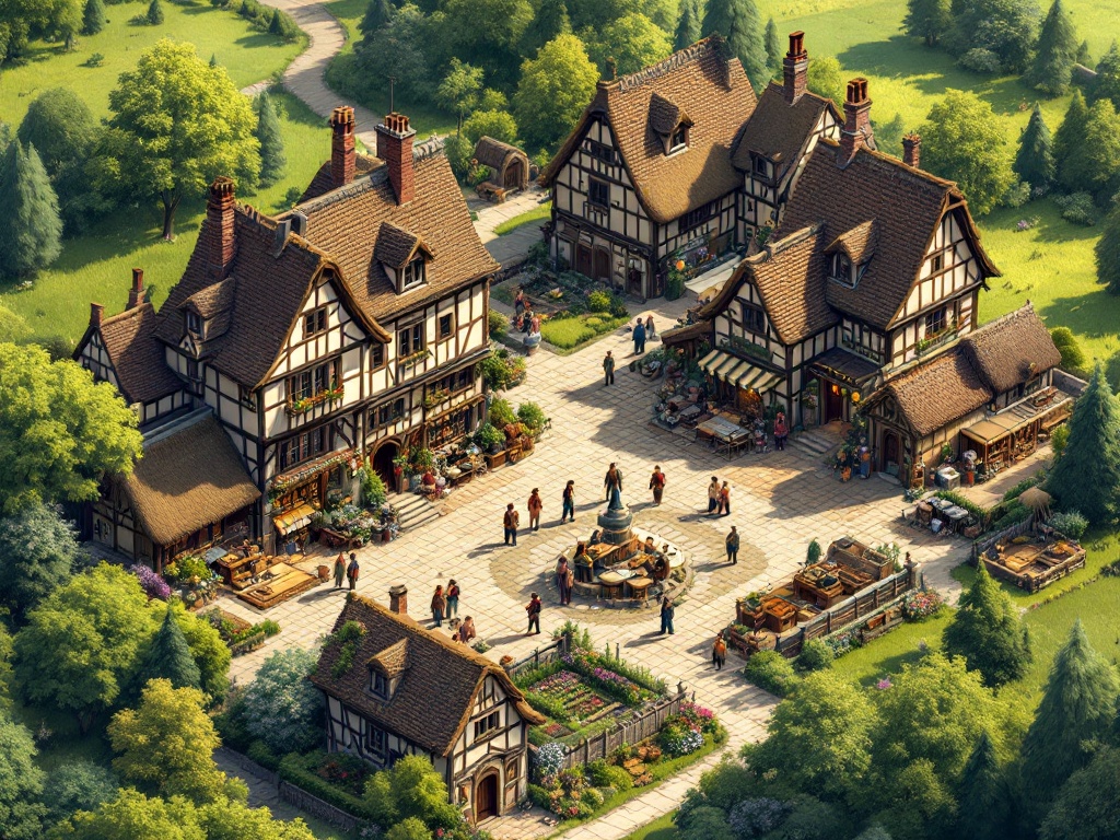 Isometric view of a medieval town. Town center with two-story half-timbered houses and thatched roofs. Ground floors busy with artisan shops. Outskirts have workshops for blacksmiths and carpenters. Surrounded by farms and lush fields. Spring season with colorful flowers and dense forests. Tranquil rural charm.