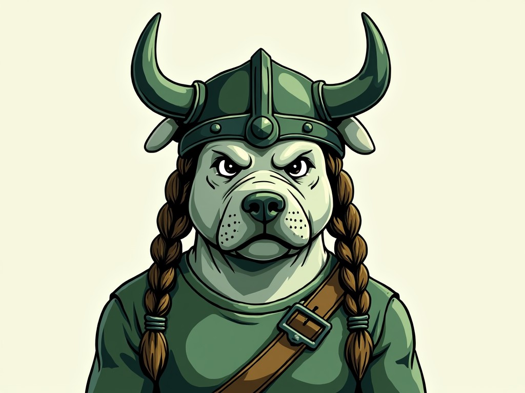 This whimsical illustration features a bulldog portrayed as a fierce Viking warrior. The bulldog is adorned with a classic Viking helmet complete with horns and wears braids typical of Norse warriors. This playful depiction merges animal characteristics with human historical elements, creating a striking and humorous image.