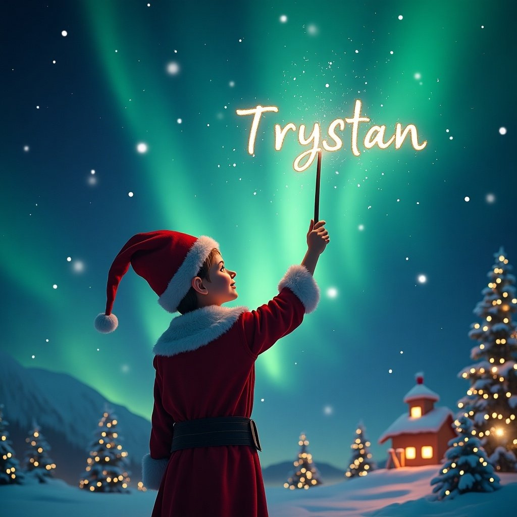 Elf facing magical sky. Wand creating letters in the air. Background shows northern lights and Santa. Writing the name Trystan.