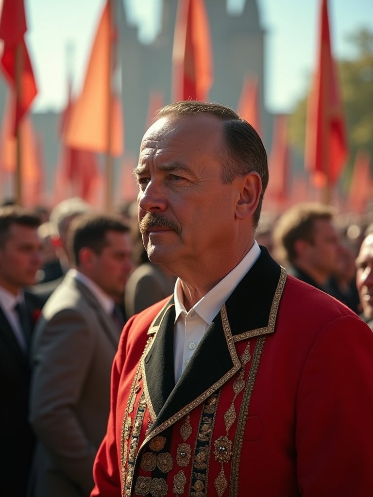 An official in historical ceremonial attire at a political festival. Red flags wave in the background. A crowd gathers around him. The man has a serious expression. The setting is outdoors with trees and sunlight.