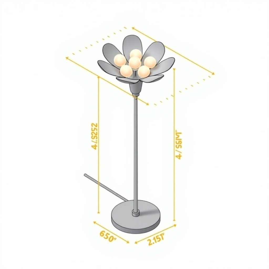 Clear flower shaped table lamp. Flower with lights in center. Stem connected to flat circular base. Measurements highlighted in yellow show length, width, height in inches. Isometric perspective displays 3D nature. White background enhances measurements. Illustration serves as reference for engineering and architecture.