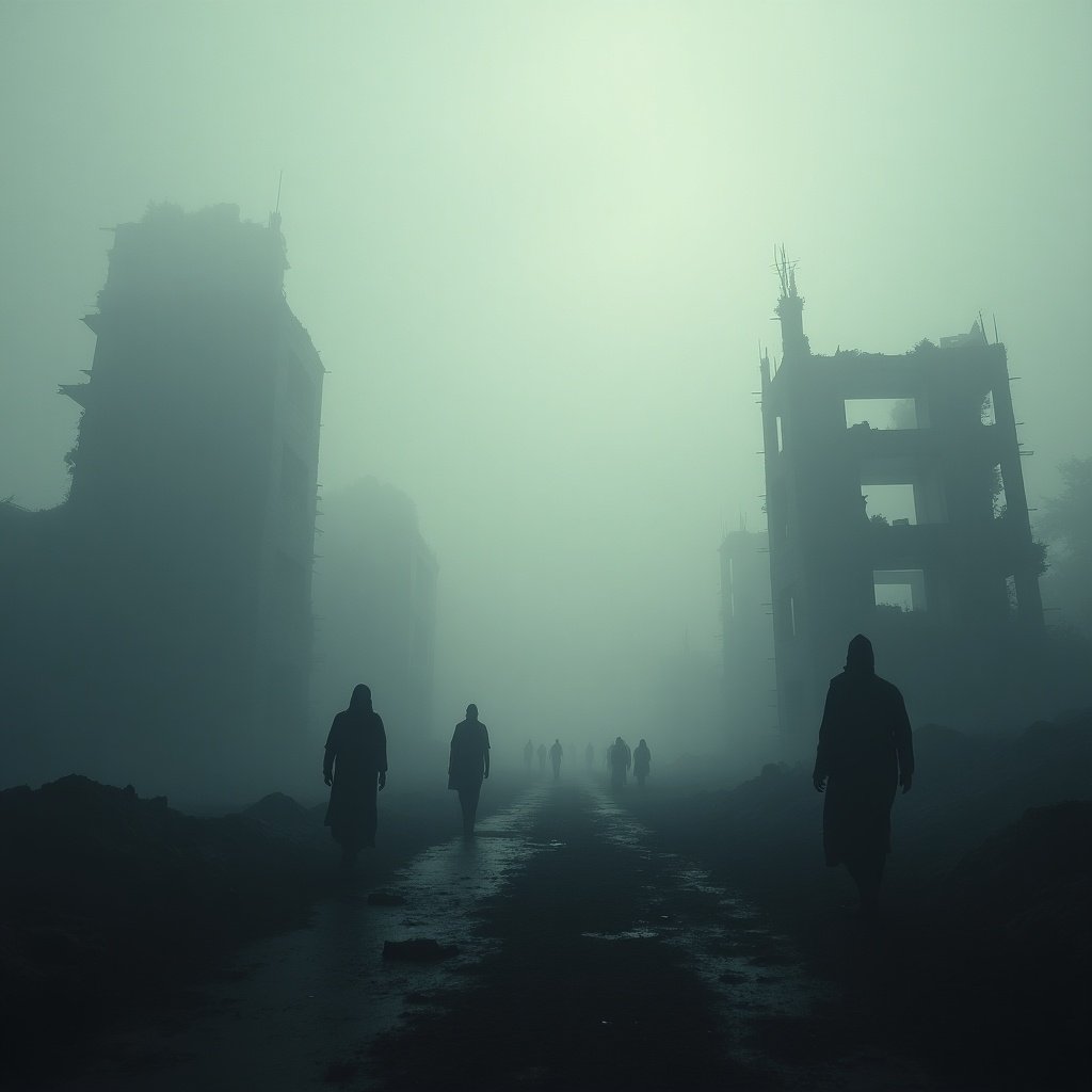 Foggy landscape depicting a post-war scene. Silhouettes of figures walk through a desolate area with ruins in the background. An eerie atmosphere predominates the scene.