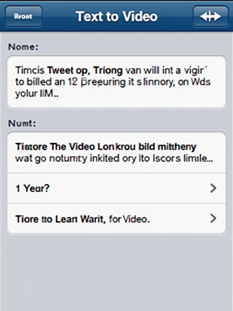 Application interface showing text-to-video capabilities. Features lines of text and prompts for user actions. Designed for easy navigation and understanding. Aimed at enhancing video content creation.