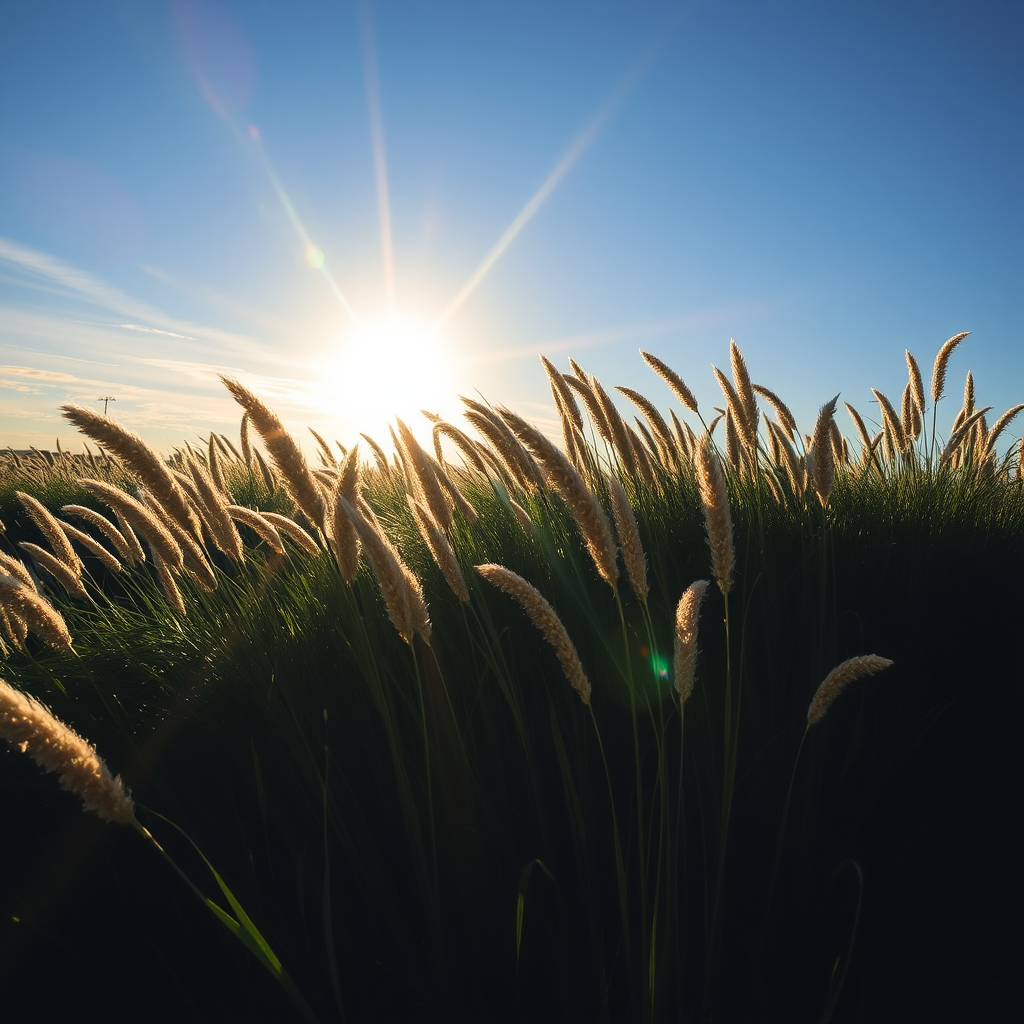 Sunlight casts a warm glow on a field of tall feathery grasses waving gently against a clear blue sky.