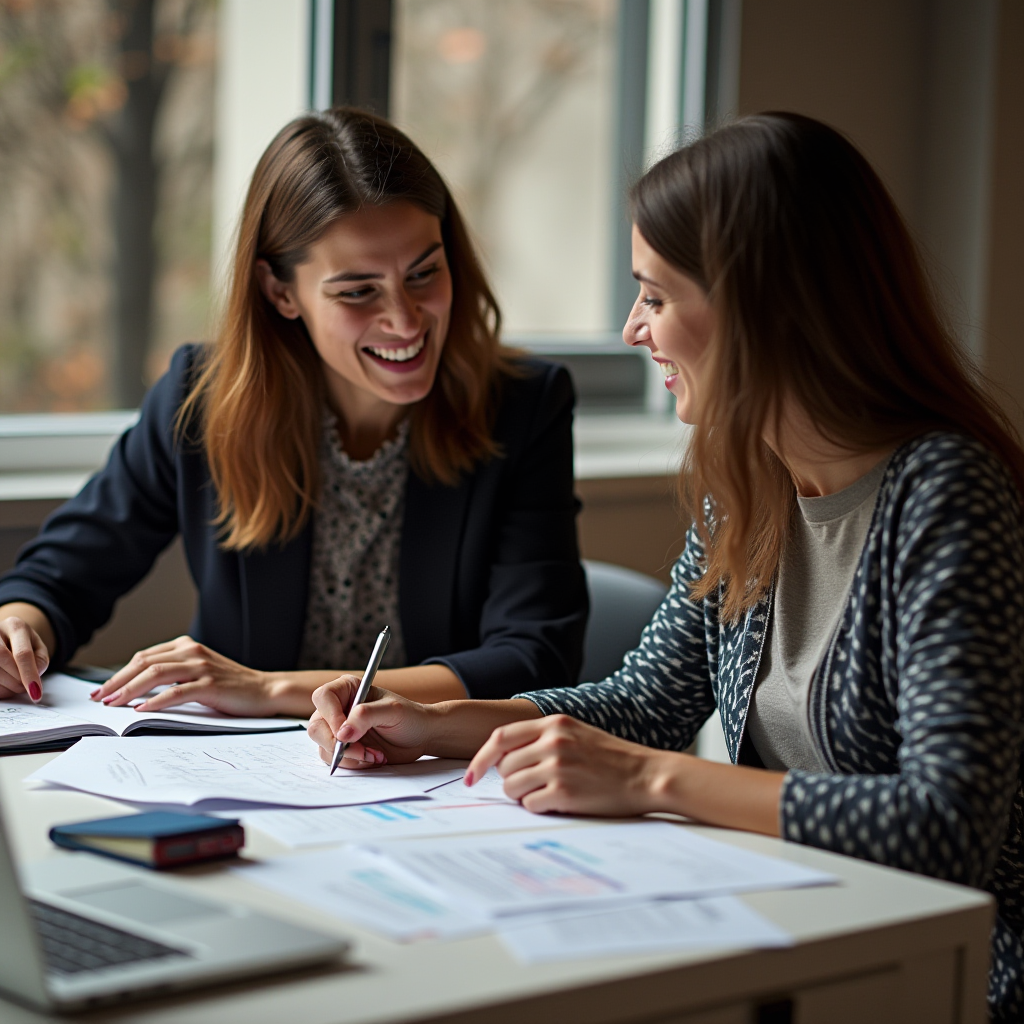 Two women happily working together at a desk, engaged in a discussion with documents and a laptop open.