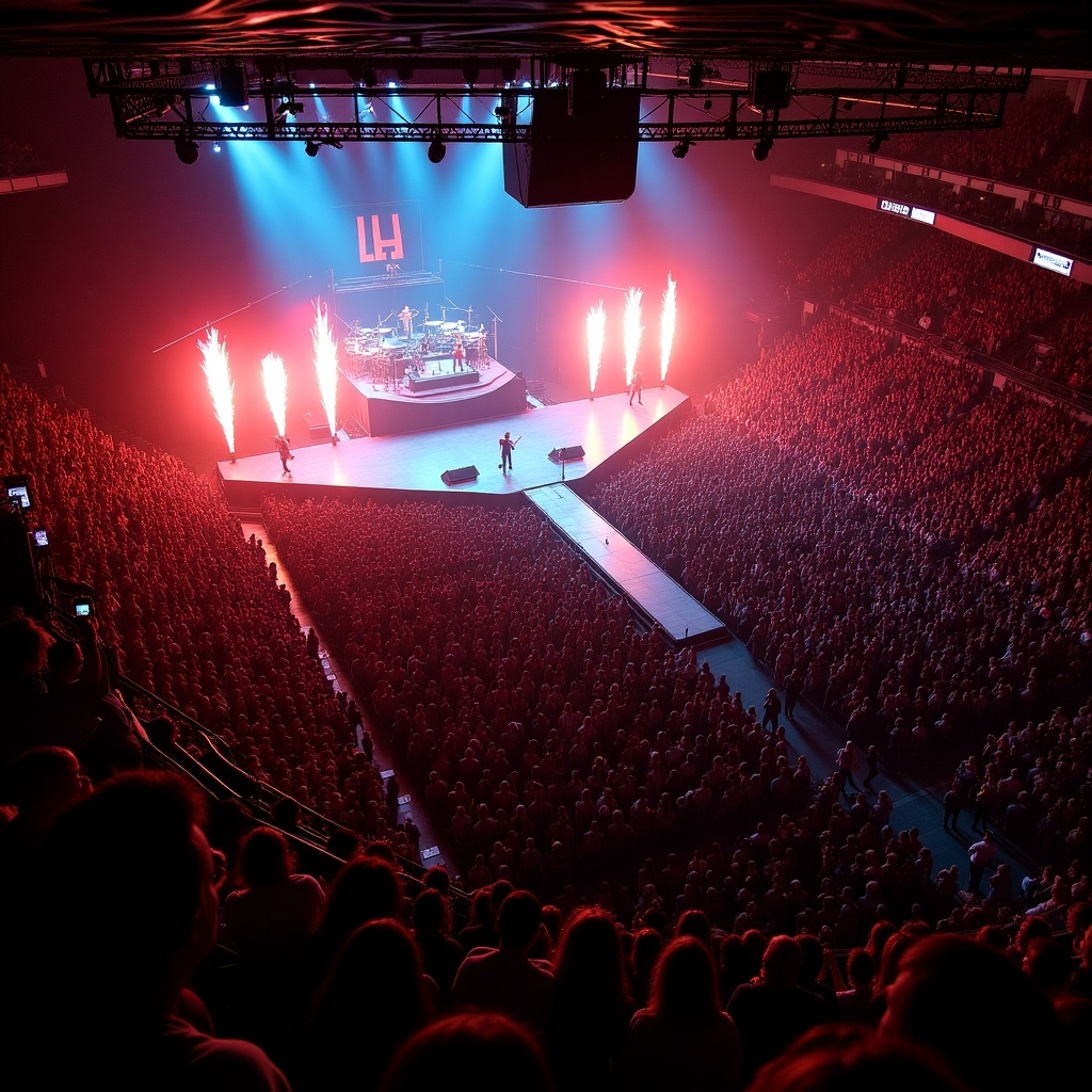 View of a large concert stage at Madison Square Garden. The stage is equipped with a T-shaped runway. Crowd fills the arena. Fireworks ignite around the stage. Unique aerial perspective from above.