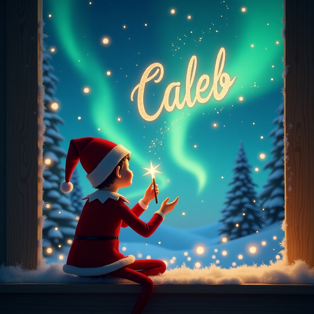 An elf on the shelf sits with his back to the viewer, gazing up at a stunning night sky. The scene is illuminated by vibrant northern lights in shades of green and blue. With a magic wand in hand, the elf writes the name 'Caleb' elegantly in the sky. Soft snow covers the window sill, adding to the cozy atmosphere. The enchanting background includes snow-covered trees and a touch of Christmas warmth, inviting viewers into a magical winter wonderland.