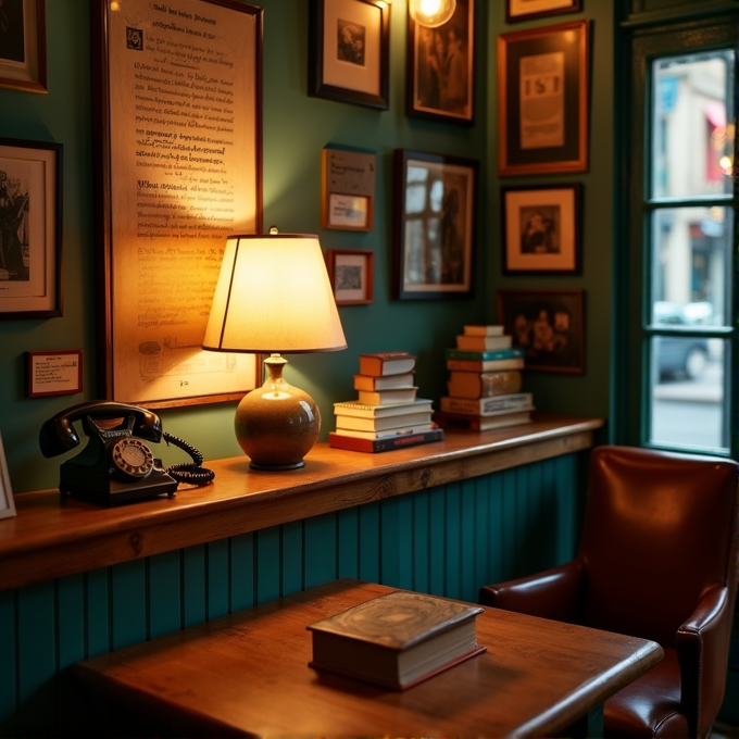 A cozy corner with a table, an old phone, books, a lamp, and framed pictures on teal walls.