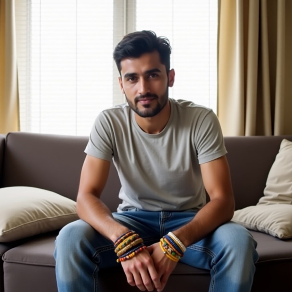 A man sits casually on a sofa in a cozy room. He is wearing a light gray t-shirt and blue jeans. His wrists are adorned with colorful bracelets, suggesting cultural significance. The setting includes a soft cushion and curtains, implying a comfortable, homely atmosphere. The light coming through the window indicates it is daytime, casting a warm glow in the room.