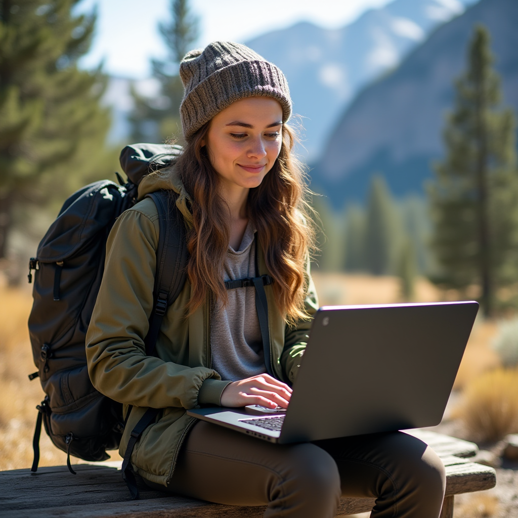 A woman with a backpack works on a laptop in a scenic outdoor setting.