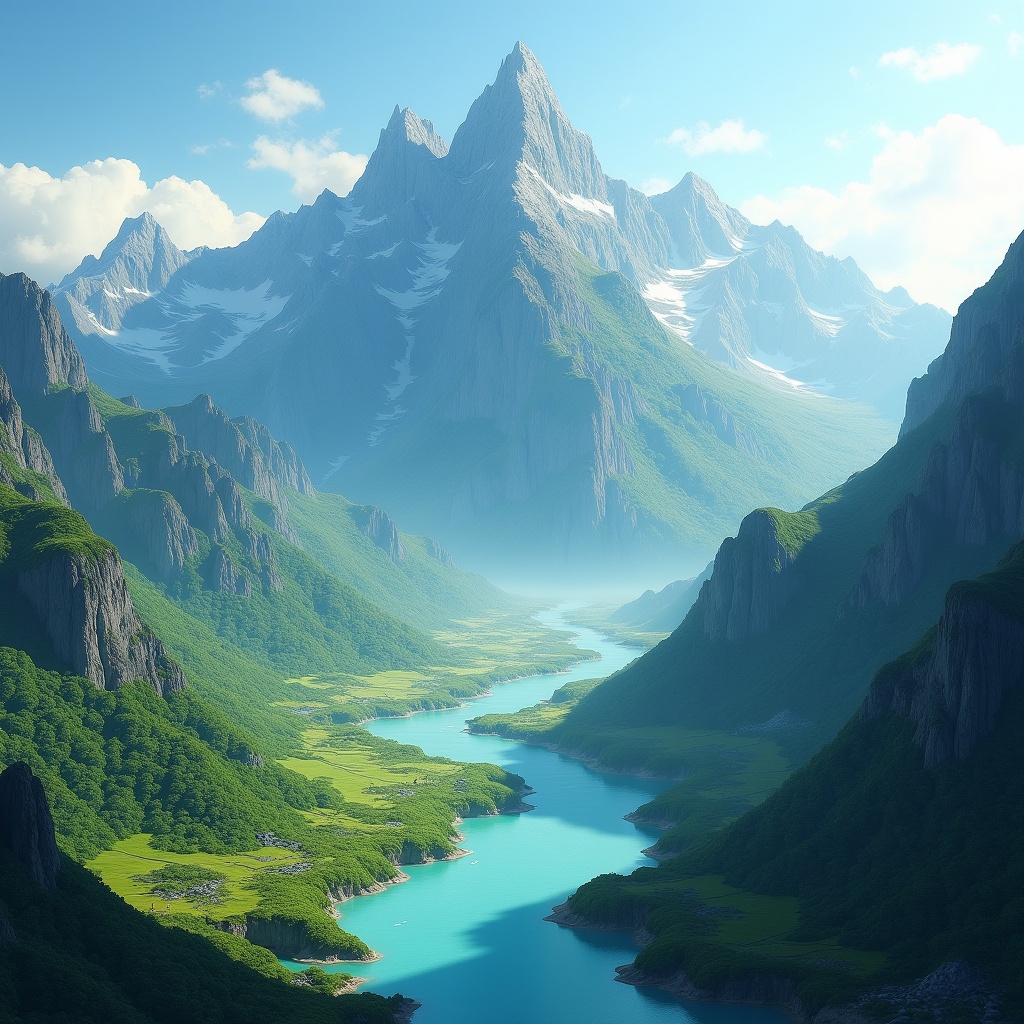 This image depicts a beautiful fantasy heightmap featuring a majestic mountain range. Towering peaks rise above lush green valleys as a pristine river winds through the landscape. The scene is illuminated by soft natural light enhancing vibrant greens and blues. This serene setting evokes adventure and tranquility, suitable for inspiration in fantasy art.