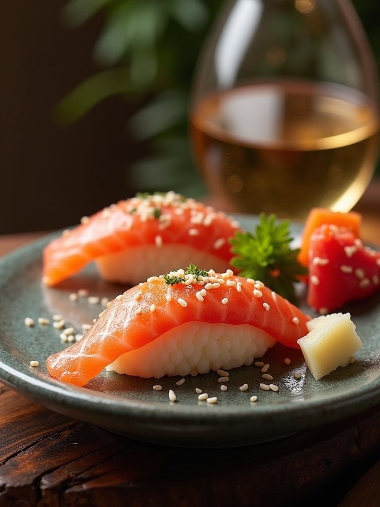 Sushi on a plate. Salmon sushi garnished with sesame seeds. Green garnish beside sushi. Glass of white wine in background. Brown wooden table setting.