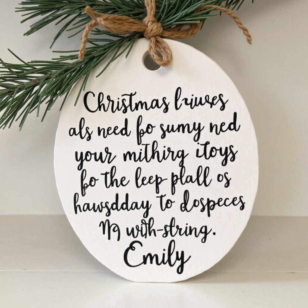 This image features a circular white tag adorned with a rustic twine string, nestled among pine branches. The tag displays a handwritten message filled with Christmas blessings specifically dedicated to Emily. The script is whimsical and inviting, enhancing the holiday spirit. The composition includes a soft, natural lighting that emphasizes the warmth of the message. The overall aesthetic captures the essence of personalized, heartfelt gift-giving during the Christmas season.