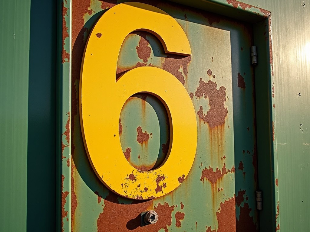 The image features a close-up view of a rusty, green metallic door. On the door is a large, bold yellow number six. The number stands out vividly against the weathered backdrop. Warm sunlight highlights the textures of the door, emphasizing its aged and rustic appearance. This composition draws attention to the contrast between the bright color of the number and the muted tones of the door.