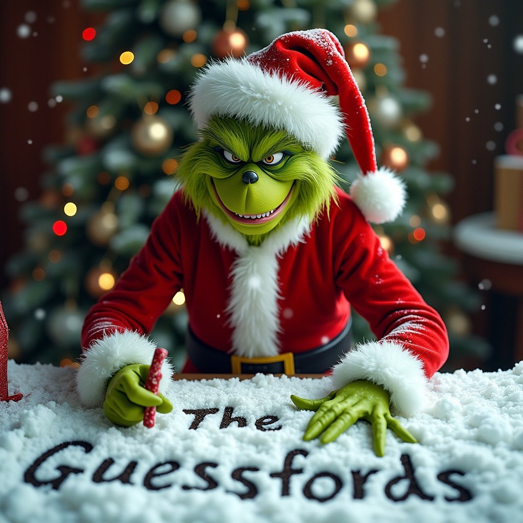 A hyper-realistic photo featuring the Grinch in a Santa Claus suit. The Grinch smirks while holding a bag. In front of a snow-covered table, he writes 'The Guessfords' in the snow. Behind him is a decorated Christmas tree.