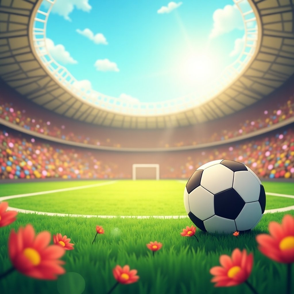 Image shows a vibrant green soccer field. Background features a lively stadium filled with spectators. Sunlight brightens everything. Flowers and hearts decorate the field. A soccer ball is prominently in view. Scene conveys a cheerful ambiance. Colorful animation style appeals to all ages.