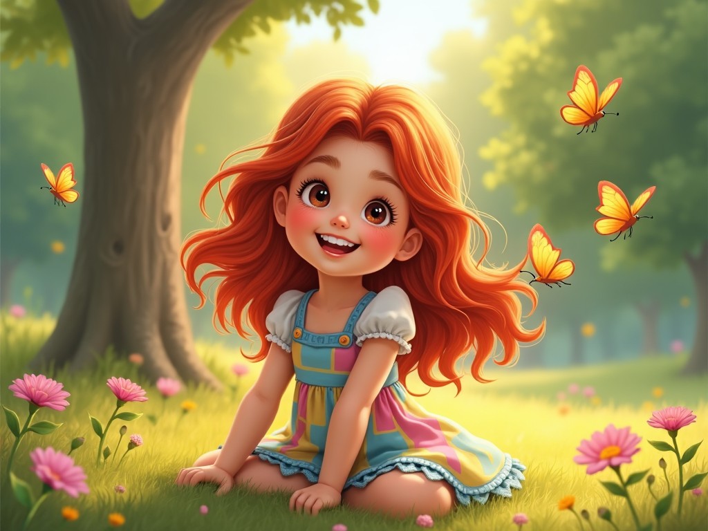 A young girl with red hair sitting in a meadow, surrounded by colorful butterflies and flowers, with a happy expression on her face, in a bright and cheerful setting.