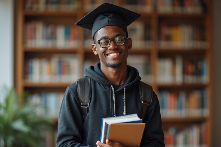 Black male university student wearing graduation cap holding books in a library